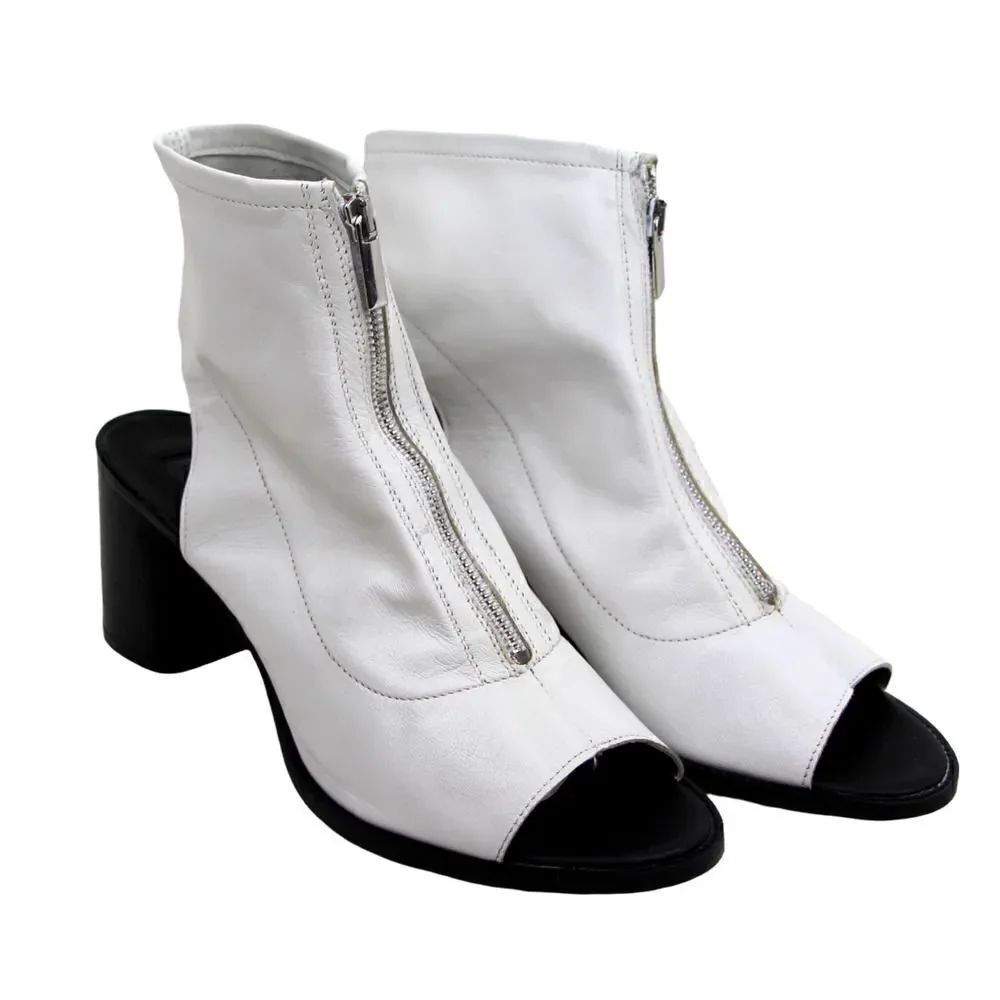 NEW Topshop WHITE GENUINE LEATHER 3"HEEL OPEN TOE ZIP FRONT BOOTIES SHOES Sz 42